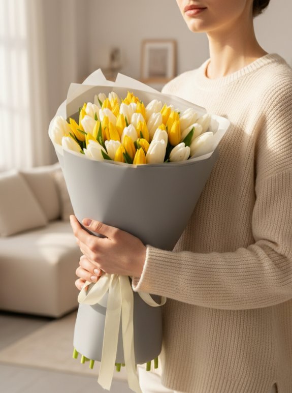 50 Adet Sarı ve Beyaz Lale Buketi